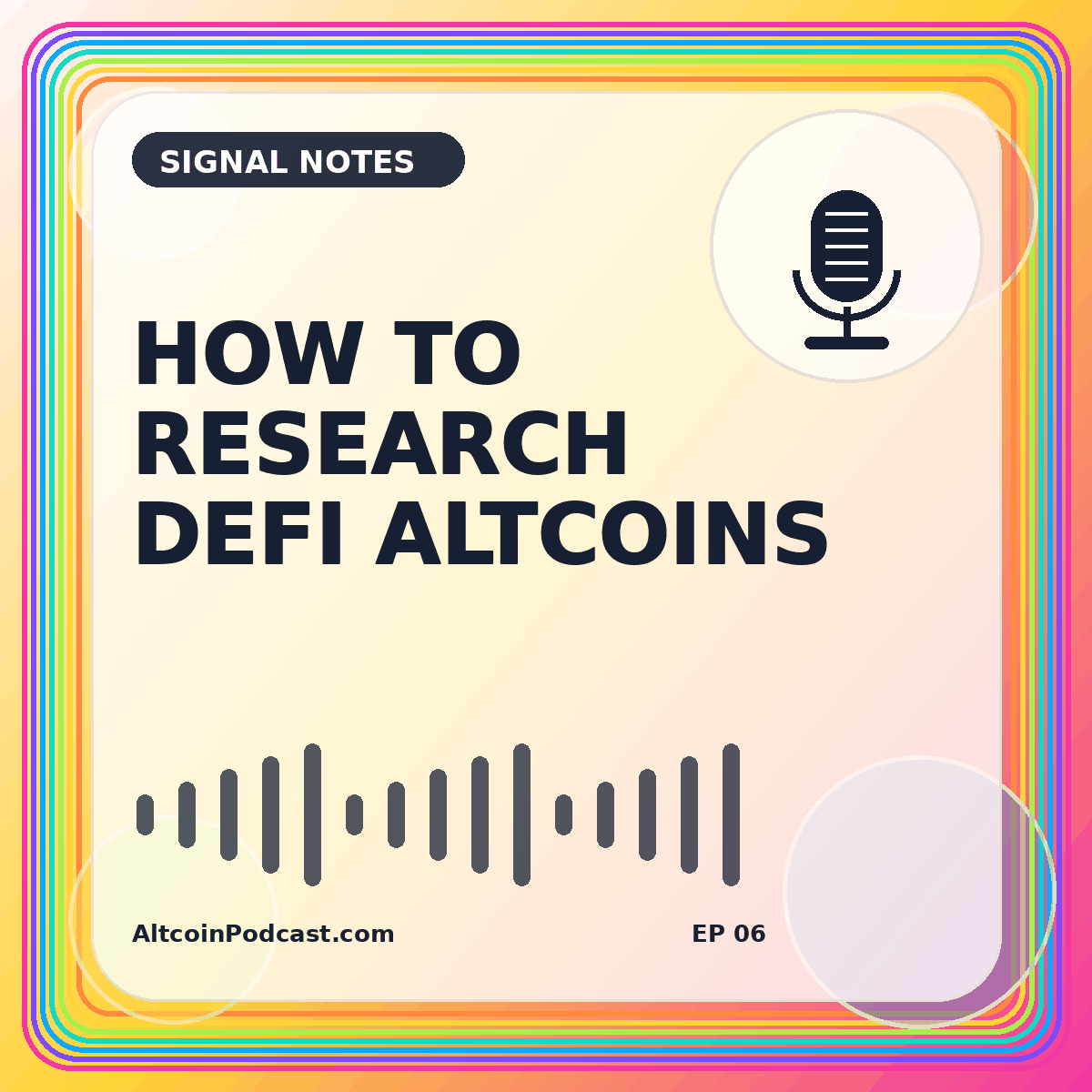 Neon DeFi research card with liquidity pools, governance blocks, and a podcast microphone