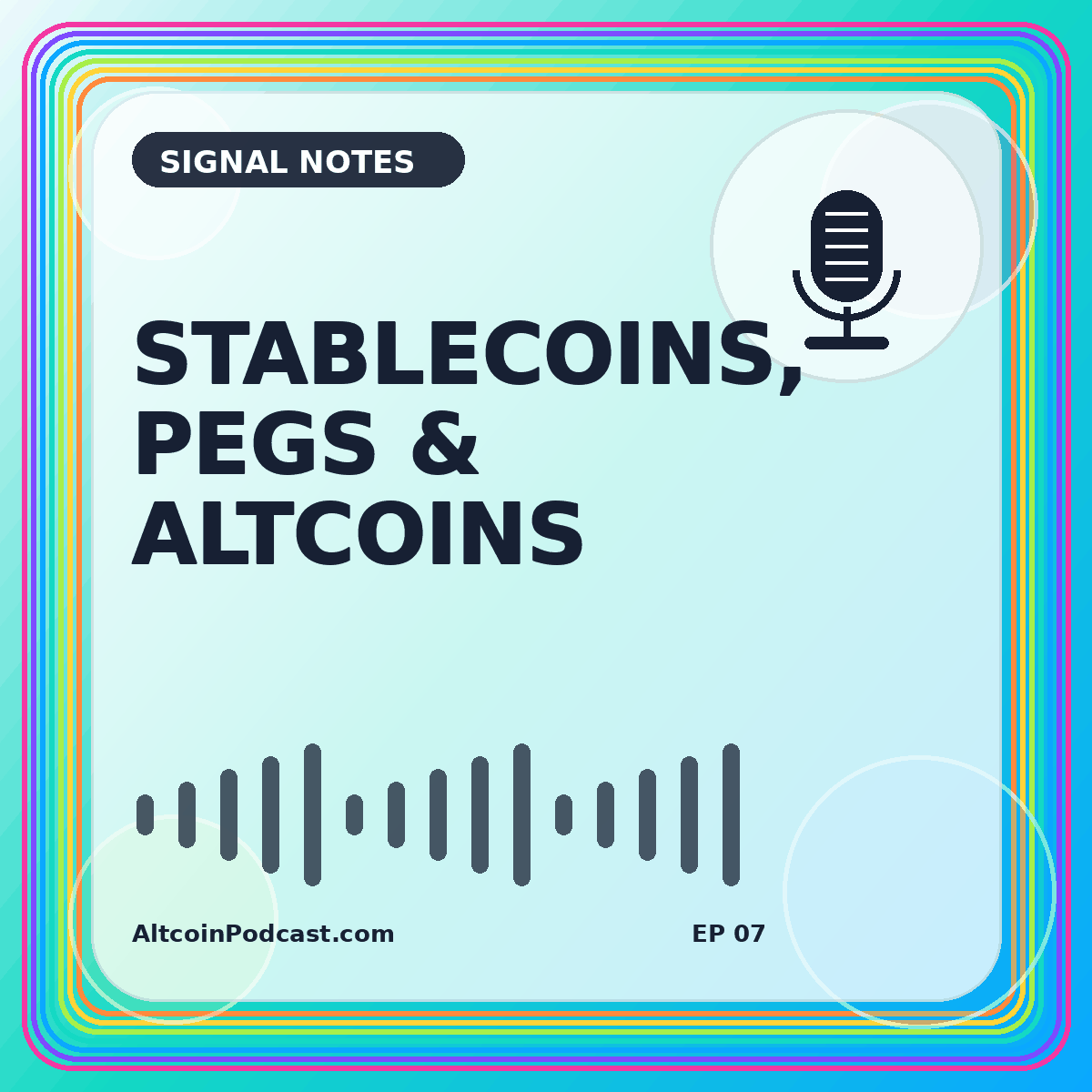 Neon stablecoin peg and liquidity card with a balance scale and token circles